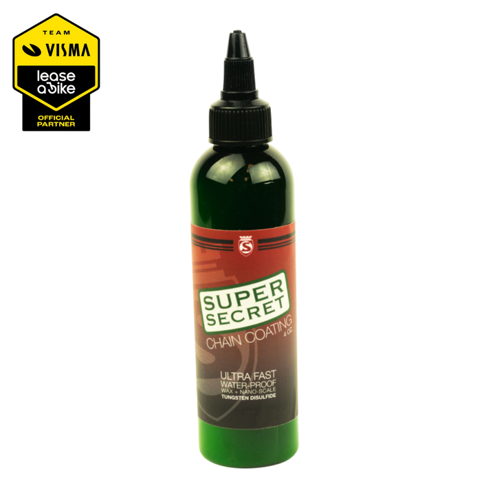 A product image of the SILCA Super Secret Chain Lube, with a Team Visma logo in the corner.