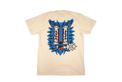 Beige t-shirt with a graphic design of a blue and red cat on a white background